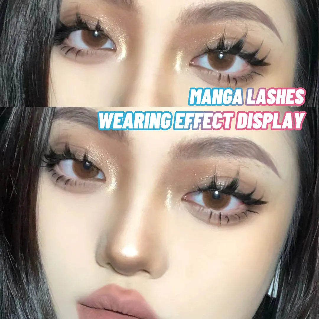 Three styles of black anime false eyelashes on a white background from a 15-pair pack.