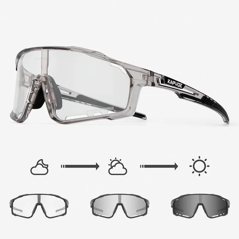 Photochromic cycling sunglasses with TR90 frame in semi-rimless unisex style on a solid colour background.
