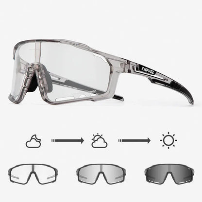 Photochromic cycling sunglasses with TR90 frame in semi-rimless unisex style on a solid colour background.