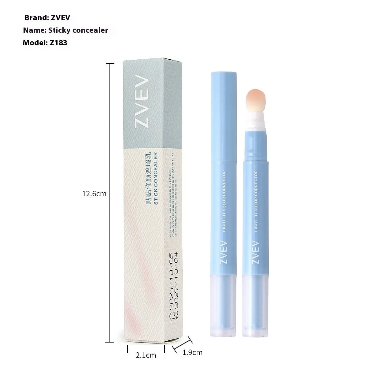 Concealer tube with sponge brush applicator in three colour options for skin tone correction