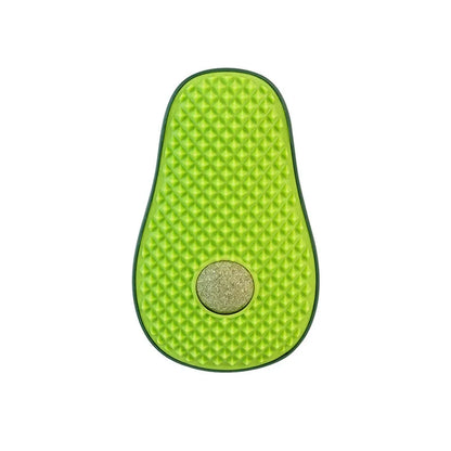 Green avocado-shaped cat scratching toy measuring 13.5cm tall on a neutral background