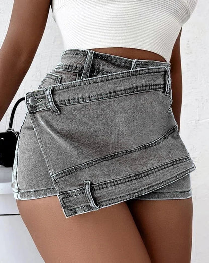 Stylish Y2K denim shorts with asymmetrical hem, available in dark blue, light blue, grey, and black colors in sizes S-5XL