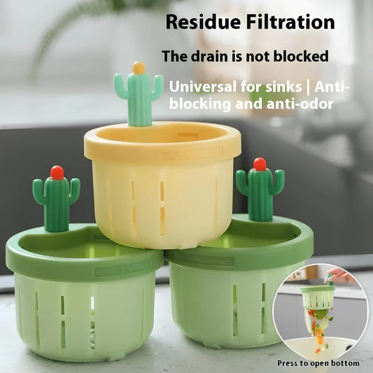 Green cactus-shaped PP sink filter basket with widened gasket on kitchen drain, 10cm height