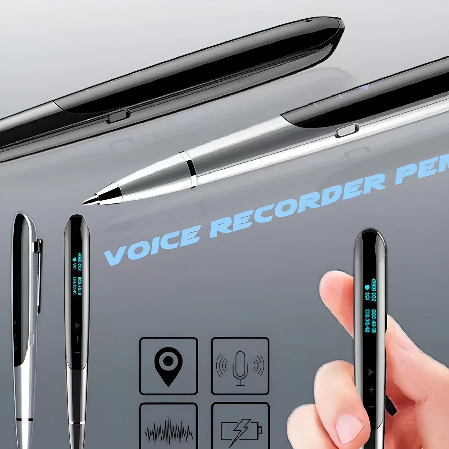 Black lossless audio recording pen with OLED display screen on a desk next to headphones.