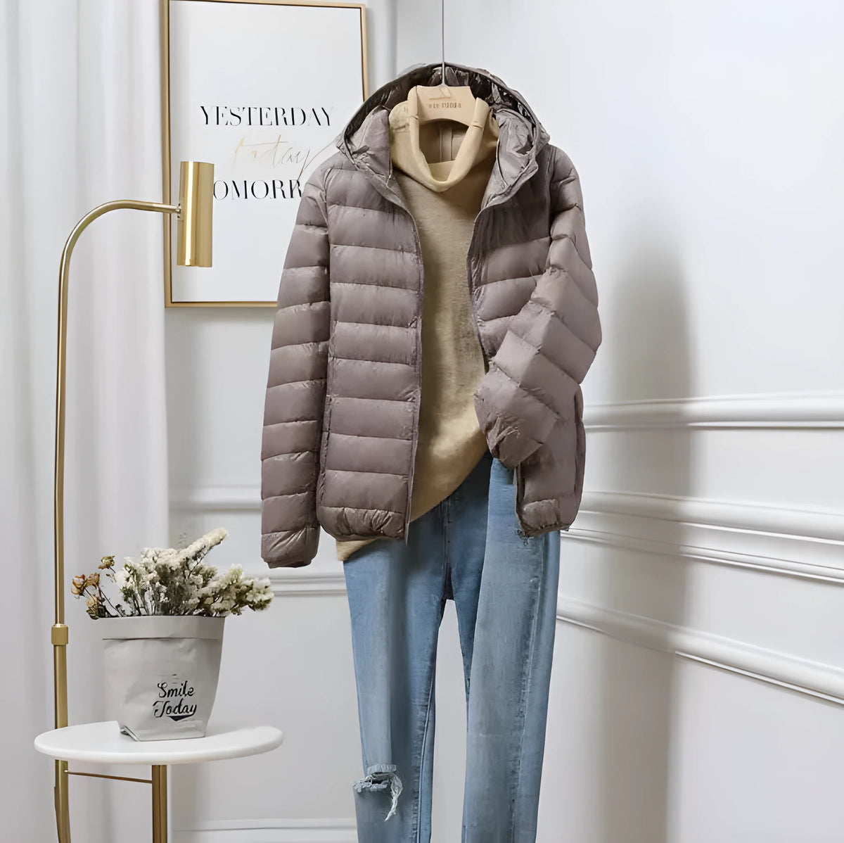 Plus size ultra-thin lightweight down jacket in khaki, loose fit, ultra-short length, zipper front, sizes up to 8XL