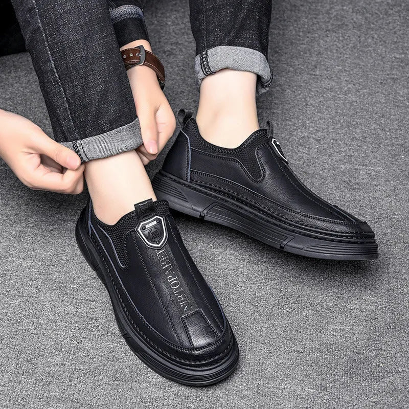 Men's black and brown leather casual shoes with round toe design