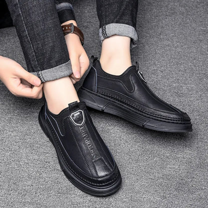 Men's black and brown leather casual shoes with round toe design
