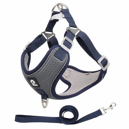 Adjustable breathable mesh dog harness with reflective piping in black, red, gray, or light purple
