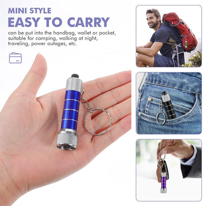 Compact aluminium LED keychain torch in four colours: white, black, red, and blue.