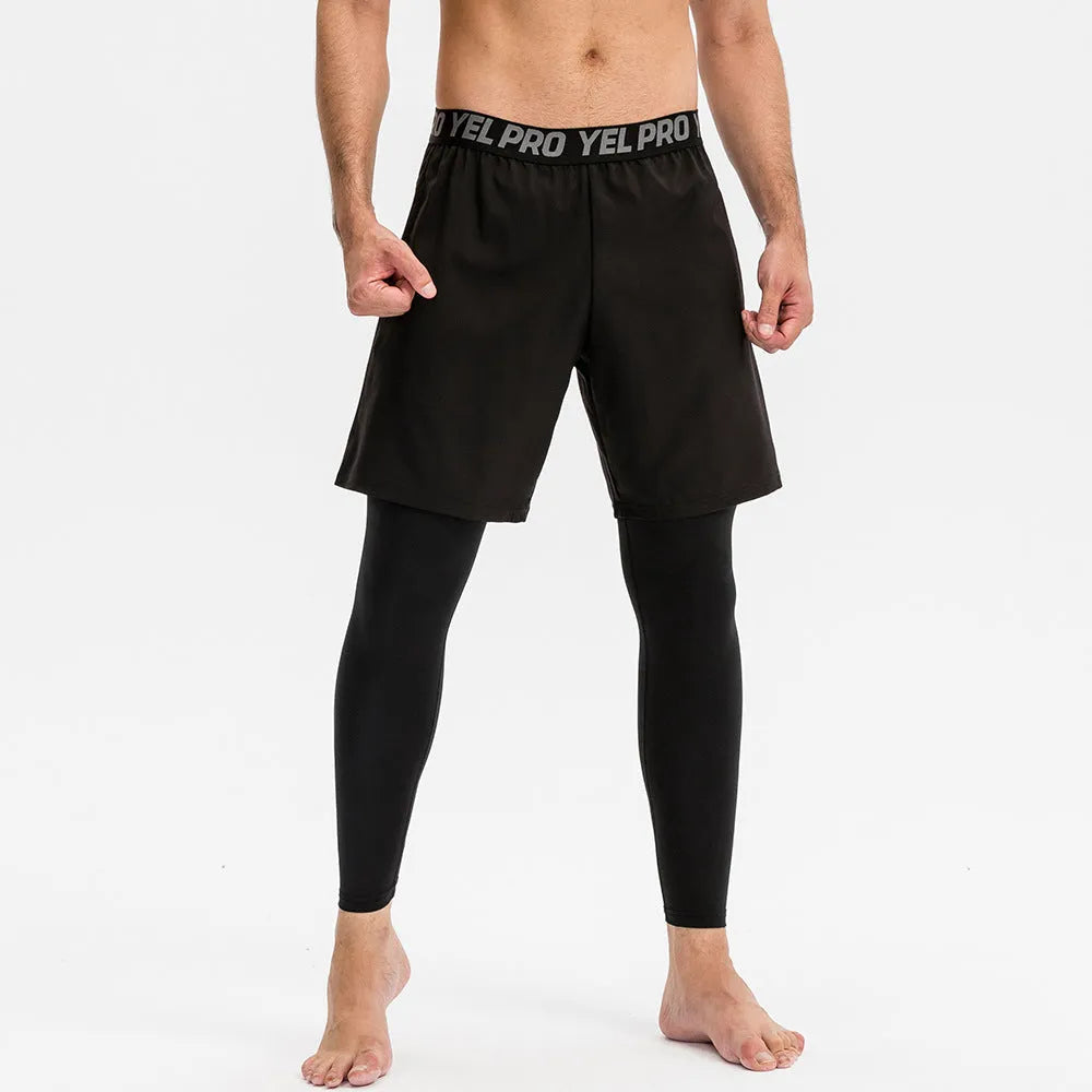 Men's tight fitness pants in polyester spandex fabric showing quick-dry properties and high elastic compression for athletic training