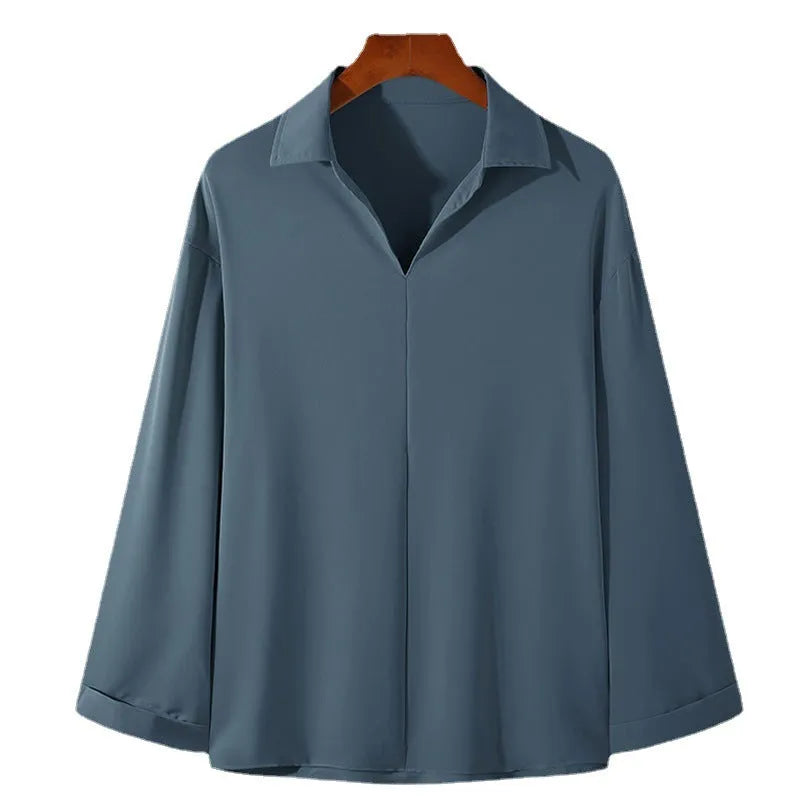 Men's loose fit casual pullover shirt in solid colour with long sleeves and non-ironing fabric
