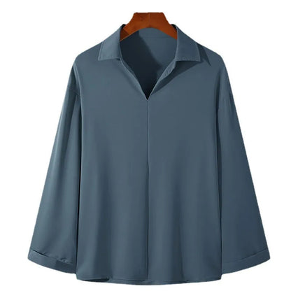 Men's loose fit casual pullover shirt in solid colour with long sleeves and non-ironing fabric