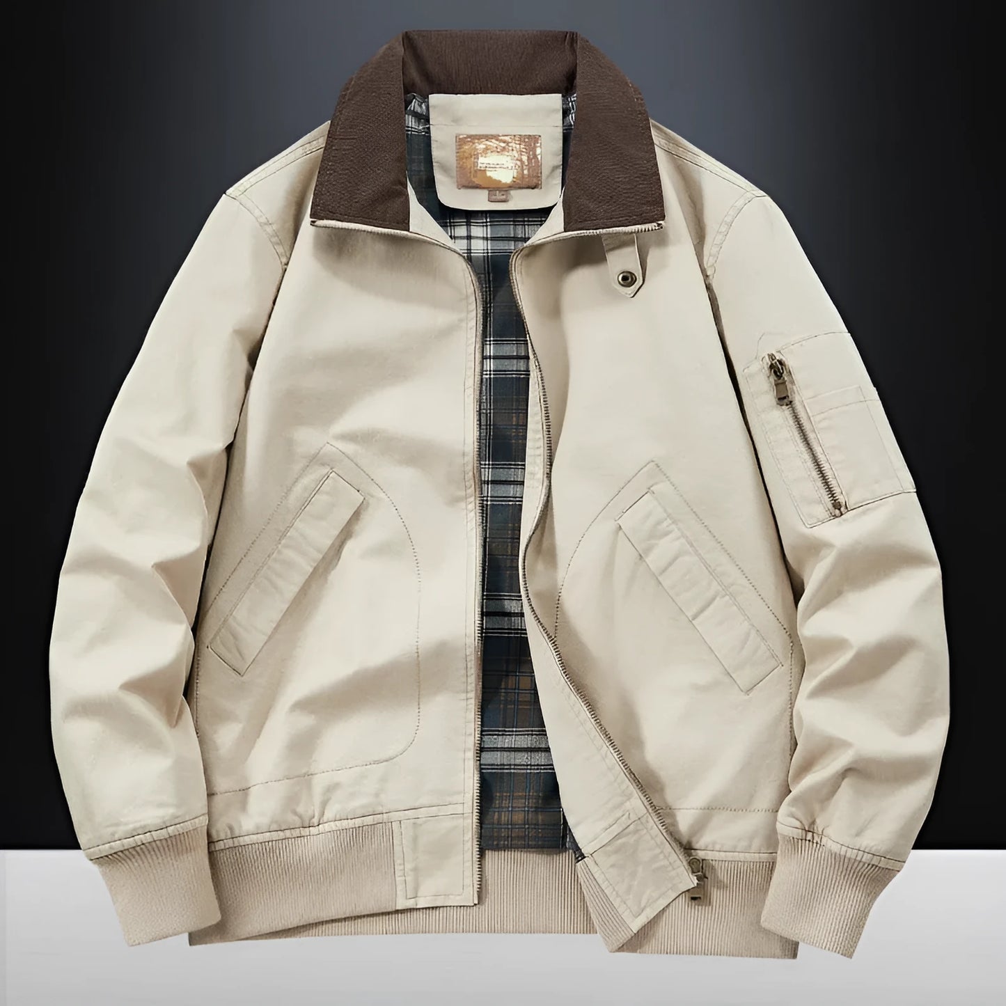 Men's plus-size washed cotton baseball flight jacket in camel, black, army green, or beige.