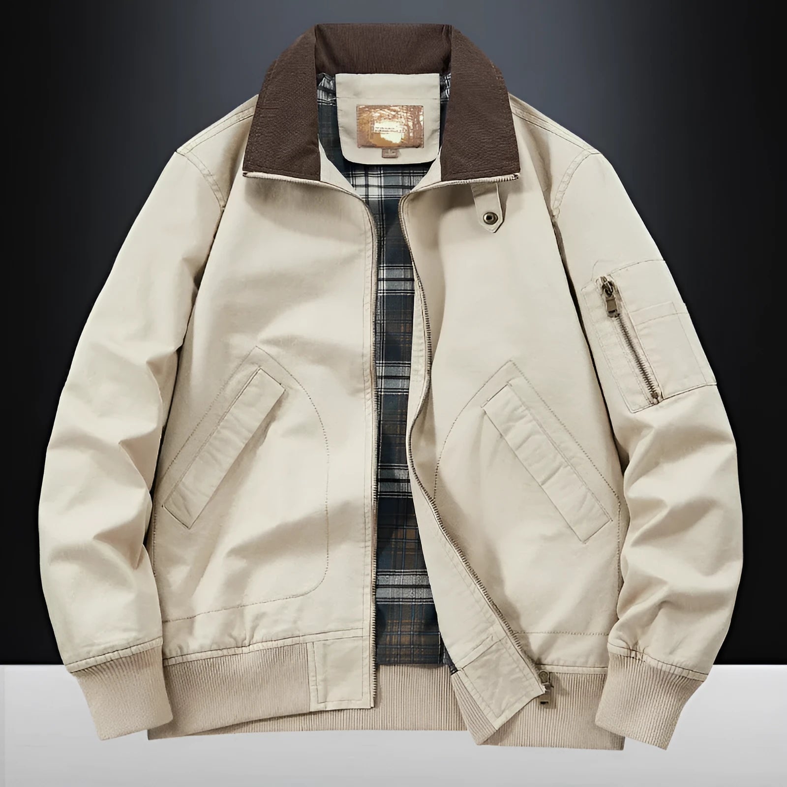 Men's plus-size washed cotton baseball flight jacket in camel, black, army green, or beige.
