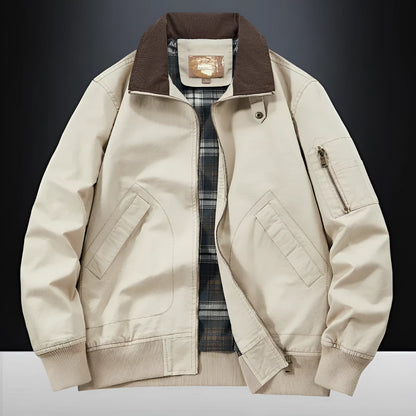 Men's plus-size washed cotton baseball flight jacket in camel, black, army green, or beige.