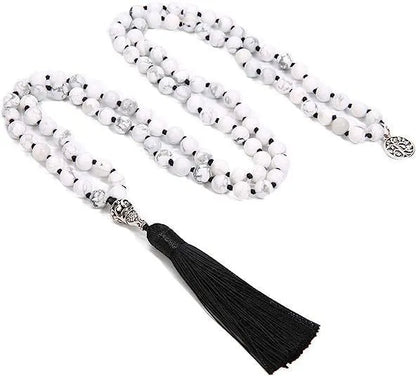 Handmade long stone beaded necklace with 108 8mm beads in a choice of 12 natural colours.