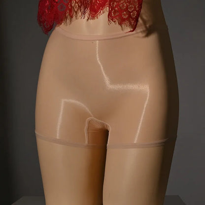 Shiny men's seamless underwear stockings in red, black, grey, white, and skin-tone colours on a mid waist.