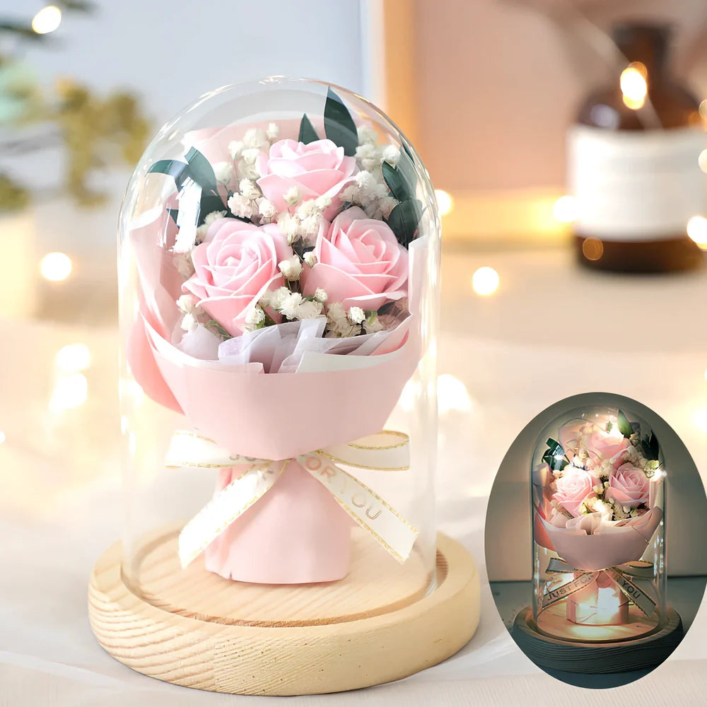 Soap flower bouquet in glass cover with red rose arrangement measuring 16cm height