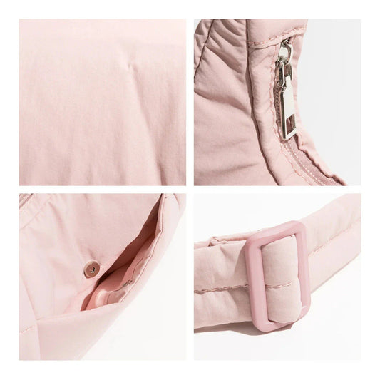 Chic Half Moon Puffer Shoulder Bag in Pink - Unique quilted design, secure zipper closure, and adjustable strap for everyday elegance