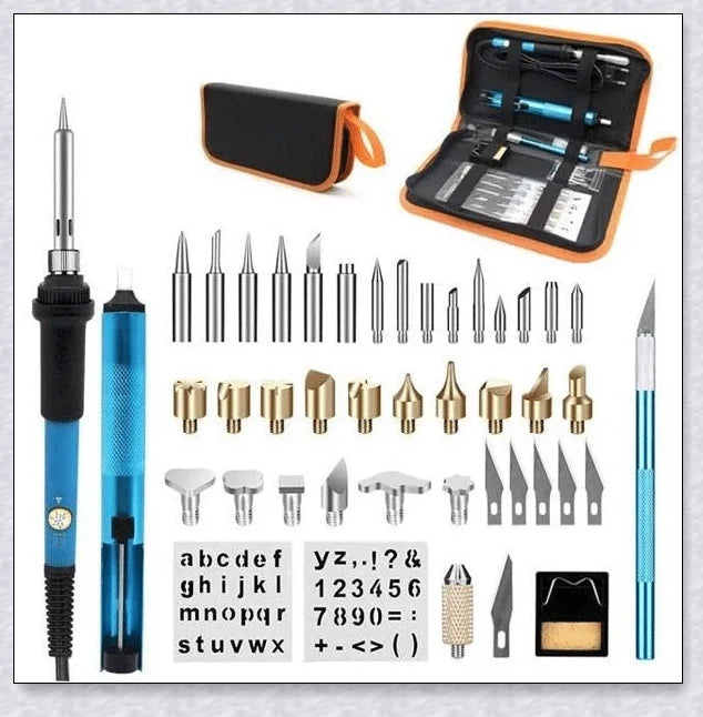 Premium Wood Burning Pyrography Kit with adjustable temperature settings, diverse tools, and accessories for creating custom pyrography designs and crafts