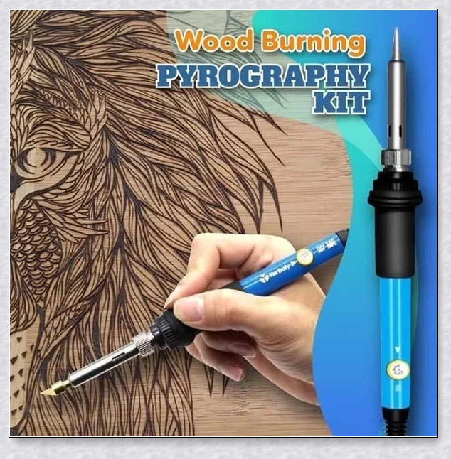 Premium Wood Burning Pyrography Kit with adjustable temperature settings, diverse tools, and accessories for creating custom pyrography designs and crafts