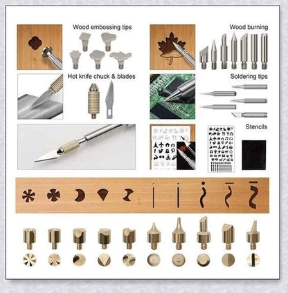 Premium Wood Burning Pyrography Kit with adjustable temperature settings, diverse tools, and accessories for creating custom pyrography designs and crafts