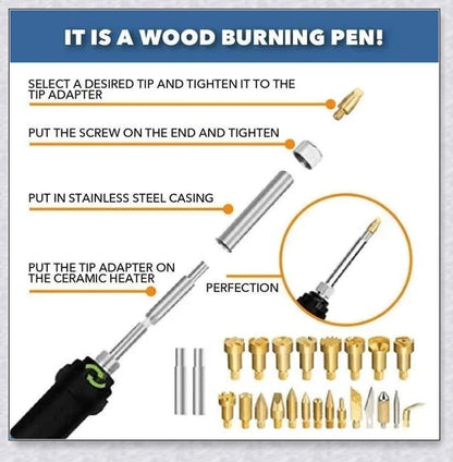 Premium Wood Burning Pyrography Kit with adjustable temperature settings, diverse tools, and accessories for creating custom pyrography designs and crafts