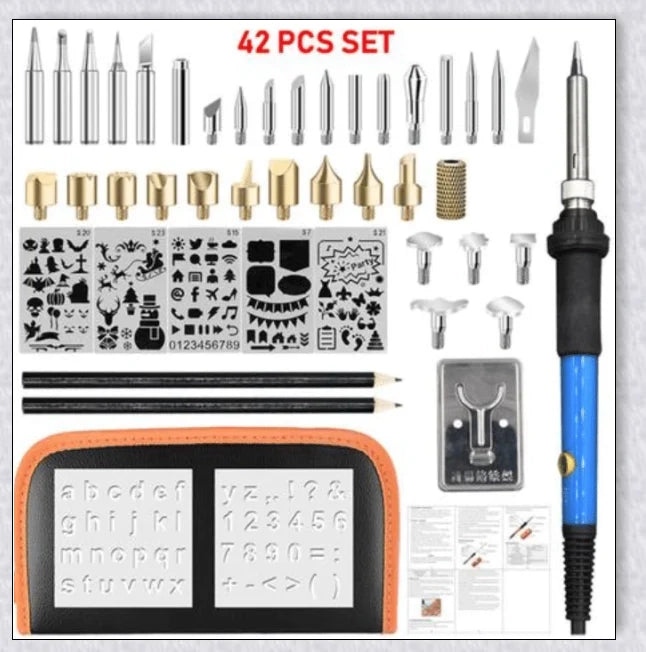 Premium Wood Burning Pyrography Kit with adjustable temperature settings, diverse tools, and accessories for creating custom pyrography designs and crafts
