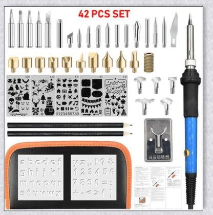 Premium Wood Burning Pyrography Kit with adjustable temperature settings, diverse tools, and accessories for creating custom pyrography designs and crafts