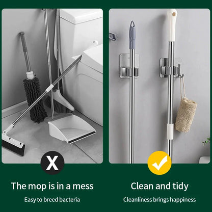Multi-Purpose Adhesive Wall Hanging Mop Rack and Broom Holder for Organised Storage of Cleaning Supplies