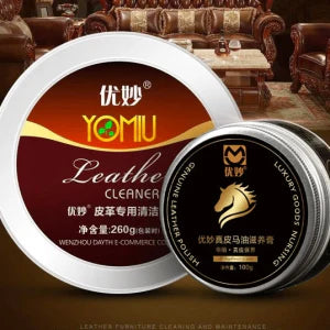 A leather car seat repair kit with cleaning sponge and instructions, designed to restore worn, cracked, or scratched leather surfaces.