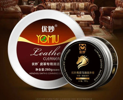 A leather car seat repair kit with cleaning sponge and instructions, designed to restore worn, cracked, or scratched leather surfaces.