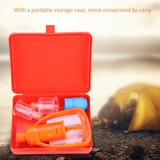 Orange outdoor venom extractor suction pump with first aid accessories for hiking, camping, and wilderness adventures