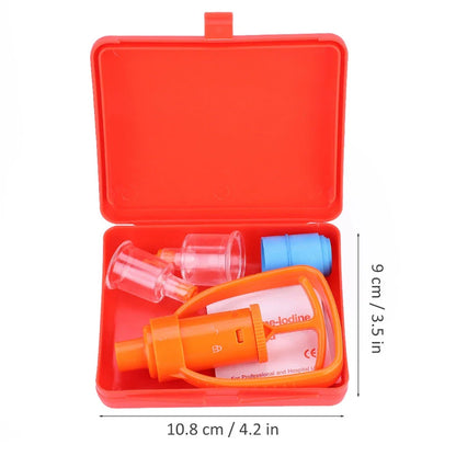 Orange outdoor venom extractor suction pump with first aid accessories for hiking, camping, and wilderness adventures