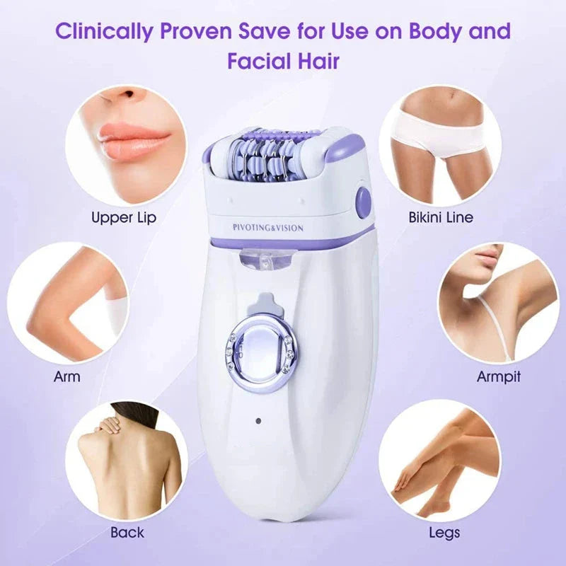 3-in-1 electric epilator and shaver for women with carbon steel blades, adjustable speeds, and built-in LED light for smooth, hair-free skin
