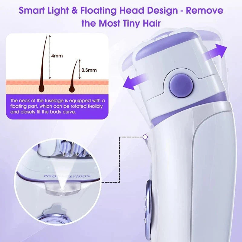 3-in-1 electric epilator and shaver for women with carbon steel blades, adjustable speeds, and built-in LED light for smooth, hair-free skin
