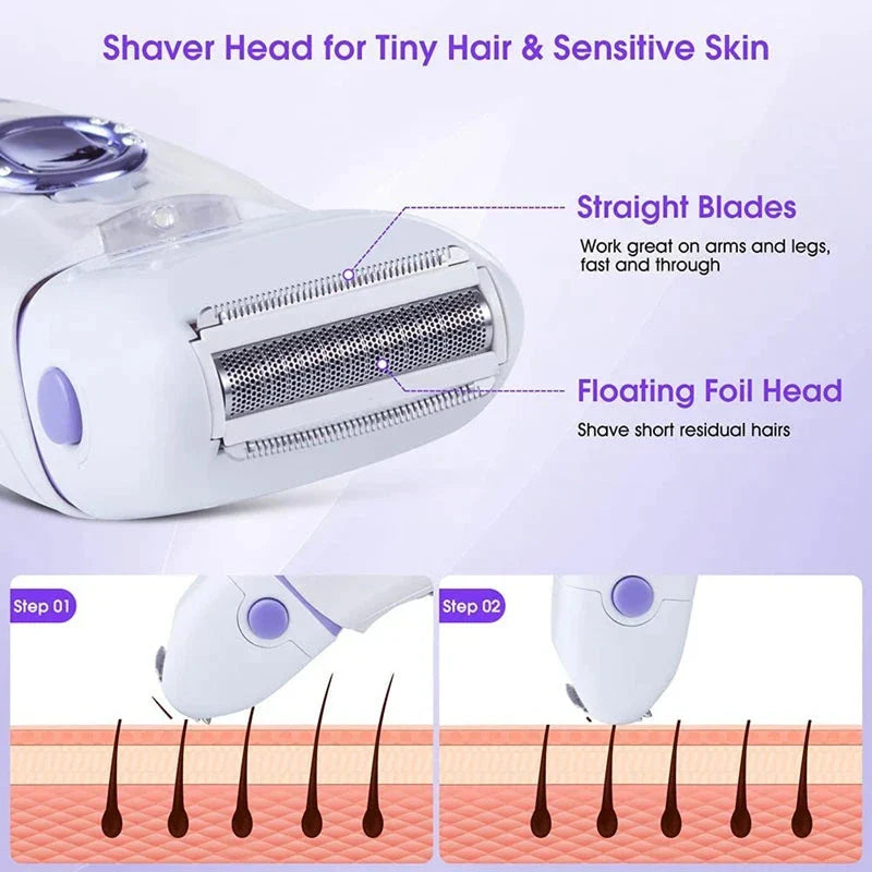 3-in-1 electric epilator and shaver for women with carbon steel blades, adjustable speeds, and built-in LED light for smooth, hair-free skin
