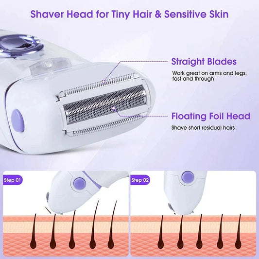 3-in-1 electric epilator and shaver for women with carbon steel blades, adjustable speeds, and built-in LED light for smooth, hair-free skin