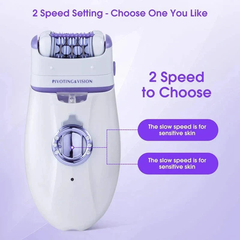 3-in-1 electric epilator and shaver for women with carbon steel blades, adjustable speeds, and built-in LED light for smooth, hair-free skin