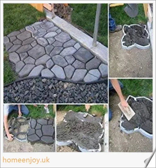 DIY Outdoor Concrete Paving Mould with three shape options - rectangular, hexagonal, and irregular - for creating custom-designed garden paths and patio floors