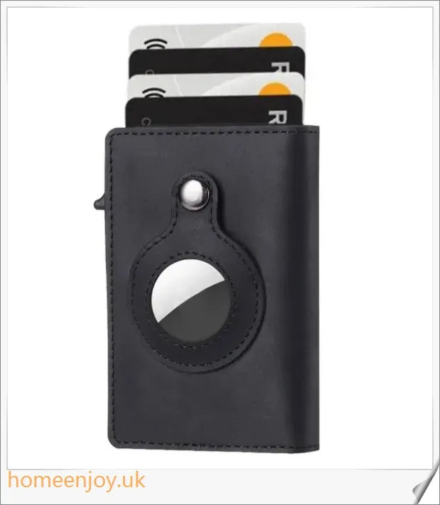 Premium genuine leather and aluminium wallet with built-in AirTag pocket and RFID-blocking technology for secure everyday carry