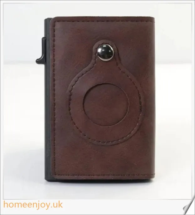 Premium genuine leather and aluminium wallet with built-in AirTag pocket and RFID-blocking technology for secure everyday carry