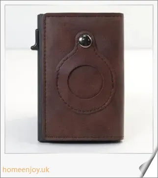 Premium genuine leather and aluminium wallet with built-in AirTag pocket and RFID-blocking technology for secure everyday carry