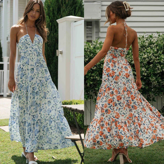 Chiffon V-neck Sleeveless Long Patchwork Dress in blue and orange colours, featuring a flowing silhouette and unique patchwork design