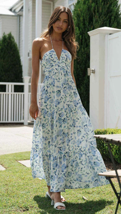 Chiffon V-neck Sleeveless Long Patchwork Dress in blue and orange colours, featuring a flowing silhouette and unique patchwork design