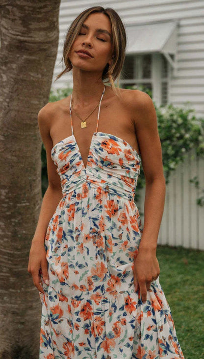 Chiffon V-neck Sleeveless Long Patchwork Dress in blue and orange colours, featuring a flowing silhouette and unique patchwork design
