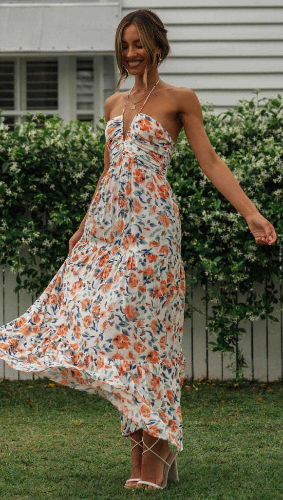 Chiffon V-neck Sleeveless Long Patchwork Dress in blue and orange colours, featuring a flowing silhouette and unique patchwork design