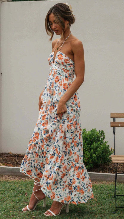 Chiffon V-neck Sleeveless Long Patchwork Dress in blue and orange colours, featuring a flowing silhouette and unique patchwork design