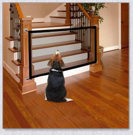 High-quality indoor retractable dog gate mesh in two size options, designed to keep pets and children safe in the home