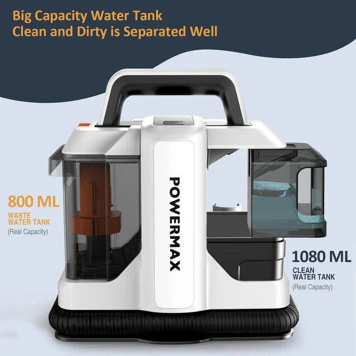 450W Powerful Handheld Carpet Cleaner with high suction, large water tanks, and extended reach for thorough cleaning of carpets, sofas, and car interiors.